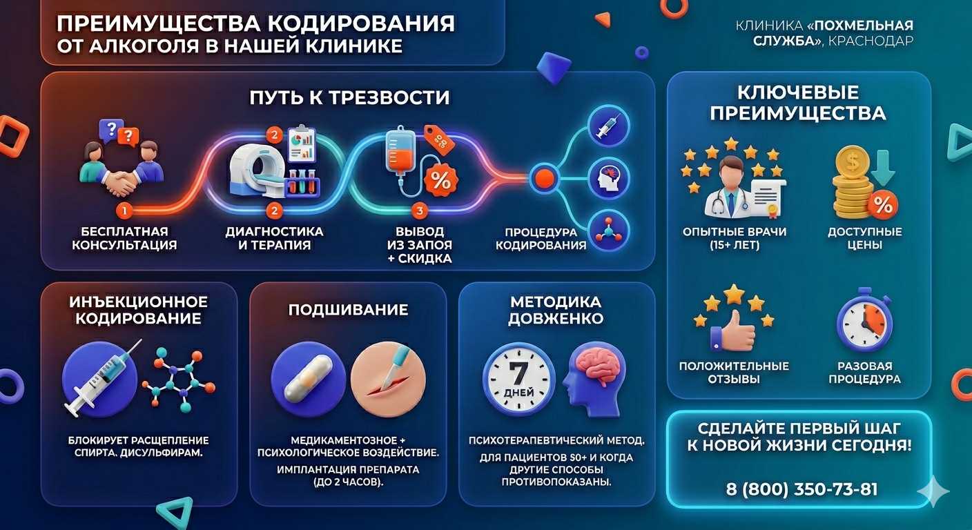 Инфографика о методах кодирования от алкоголя в Нальчике: инъекции, подшивание, метод Довженко. Преимущества клиники и этапы лечения.