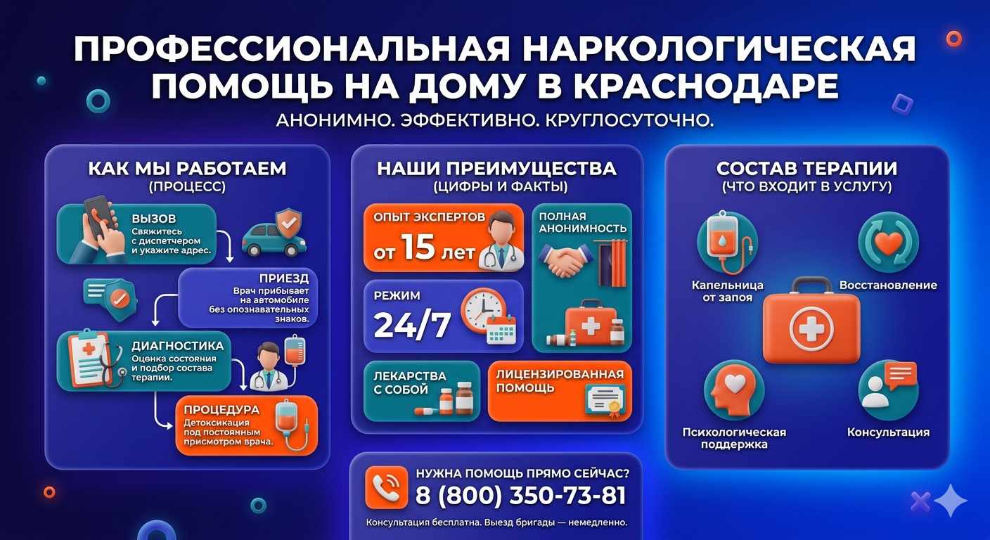 Инфографика о принципах лечения алкоголизма на дому в Нальчике: этапы вызова нарколога, преимущества анонимной детоксикации и состав медицинской помощи.